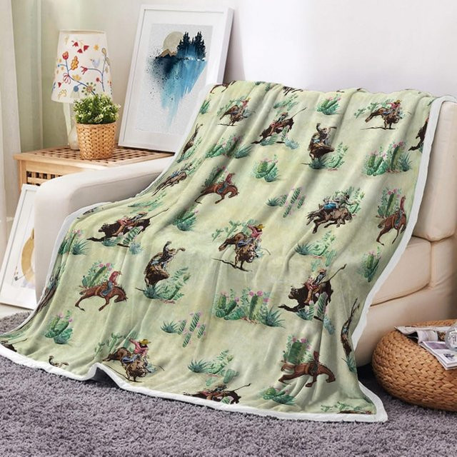 JMG Household Supplies Kuscheldecke für Kinder mit Western Cowboy und Wüstenkaktus Motiv, Flanell Fleece Decke, B/B: 150 x 230 cm, Grün - Bild 1
