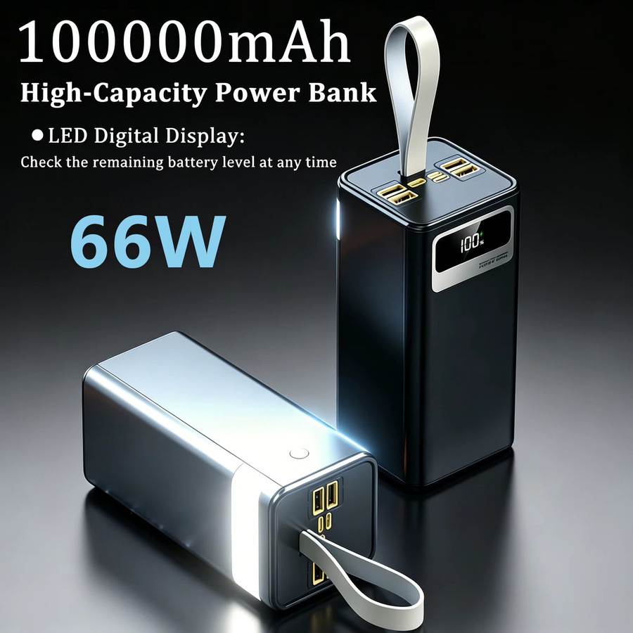 InTessry Powerbank 100000mAh mit 66W Superschnellladen, Tragbares Ladegerät in Schwarz mit LED-Digitalanzeige, Lederband und integrierter Taschenlampe für iPhone und Mehrgeräte-Ladung - Bild 3