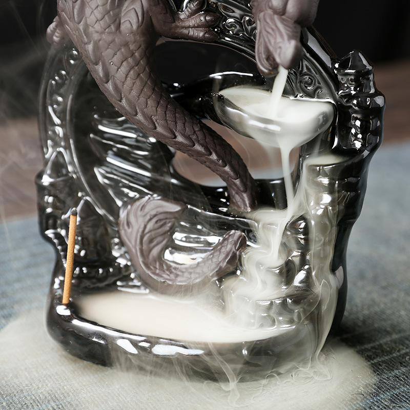 Yiran Furniture Aromatherapie-Ofen mit Wasserfall-Rückfluss in Drachen-Design, Schwarz, Sandelholz-Duft, Keramik und Emaille - Bild 2