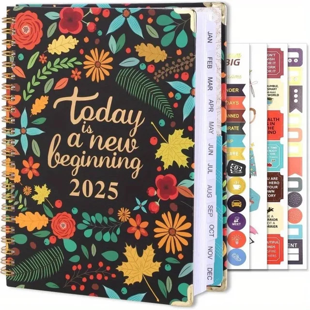 Wochen- und Monatsplaner 2025 in A5 mit blauem Blumenmuster, akademischer Kalender und Agenda mit Spiralbindung und Softcover - Bild 1