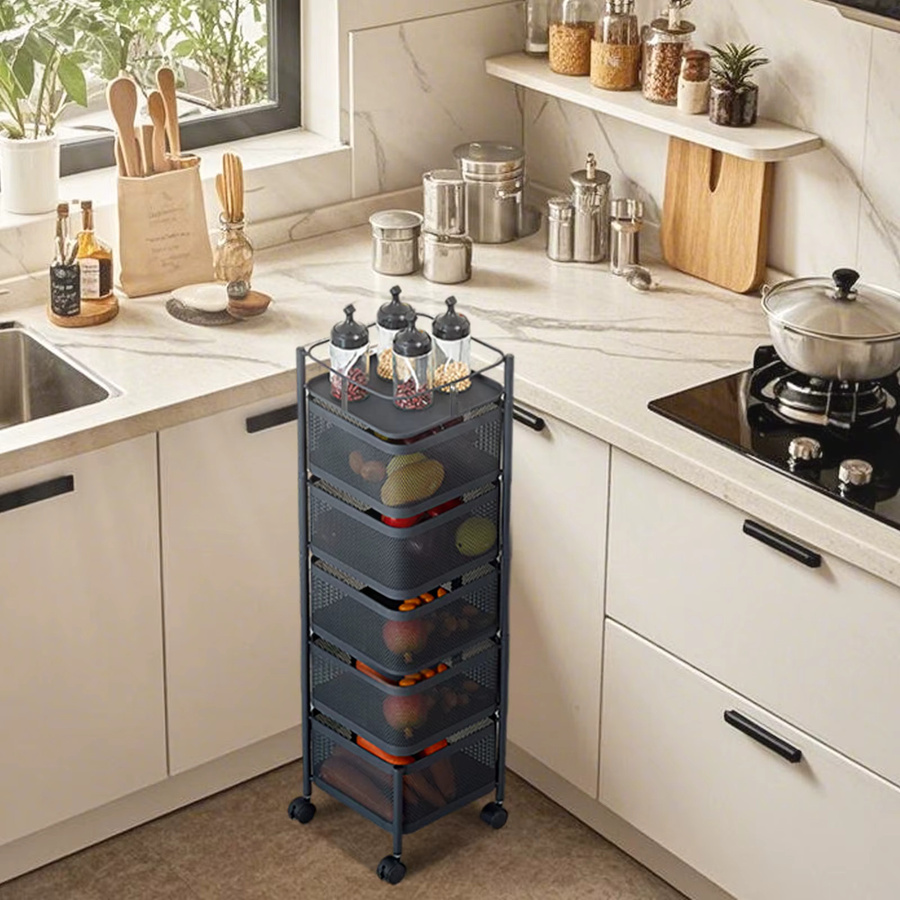 HiMISS 5-stufiges rotierendes Lagerregal aus Metall in Schwarz mit Rollen als Organizer für Obst, Gemüse und Lebensmittel - Bild 5