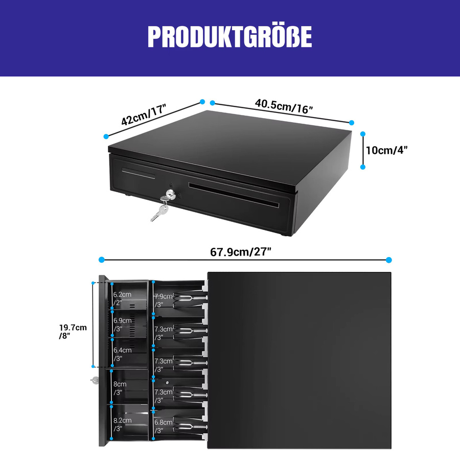 Kassenschublade aus Metall in Schwarz mit 5 Fächern für Scheine und 5 Fächern für Münzen, automatische und manuelle Öffnung mit Schlüsselschloss und RJ11-Anschluss - Bild 3