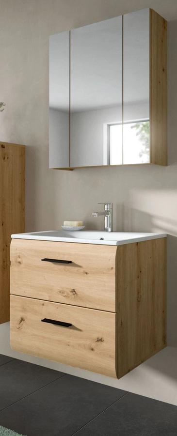 Badmöbel Set Cover von Inn.Furn in Eiche, 2-teilig, Wandmontage mit Spiegelschrank und Waschtischunterschrank, Braun Matt - Bild 1