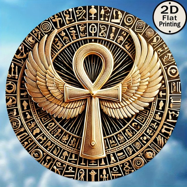 Potdemiel Vintage Metallschild Ägyptisches Ankh und Winged Disk in Gold, Runde Wandkunst aus Eisen, Durchmesser: 20,32 cm - Bild 1