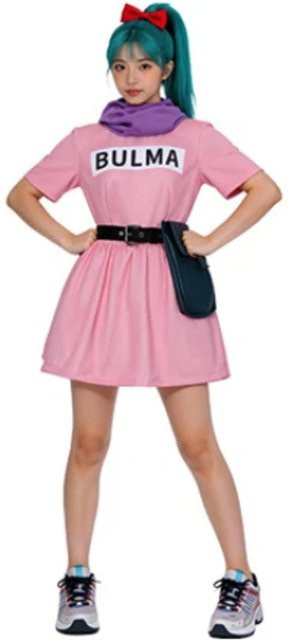 Bandai Dragon Ball Bulma Cosplay-Kleid, rosa, kurzärmelig, mit lila Schal, schwarzer Gürtel, bedrucktes Logo, für Damen und Mädchen - Bild 1
