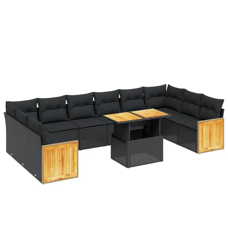 vidaXL 11-tlg. Garten-Sofagarnitur in U-Form aus Poly-Rattan und Akazienholz mit Kissen, Schwarz - Bild 2