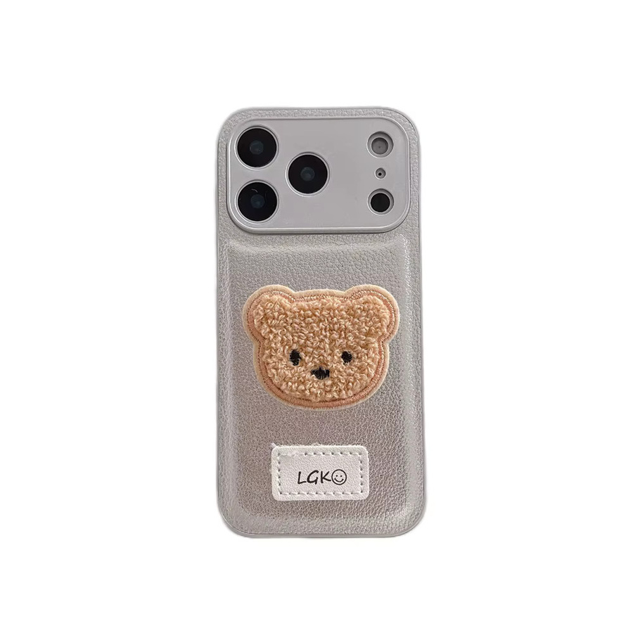 Niedrige Cartoon Lederhülle mit Bären-Stickerei für Apple iPhone 17 Air 16 16E 15 14 13 12 11 Plus Pro Max in Silber im Korea-Style - Bild 4