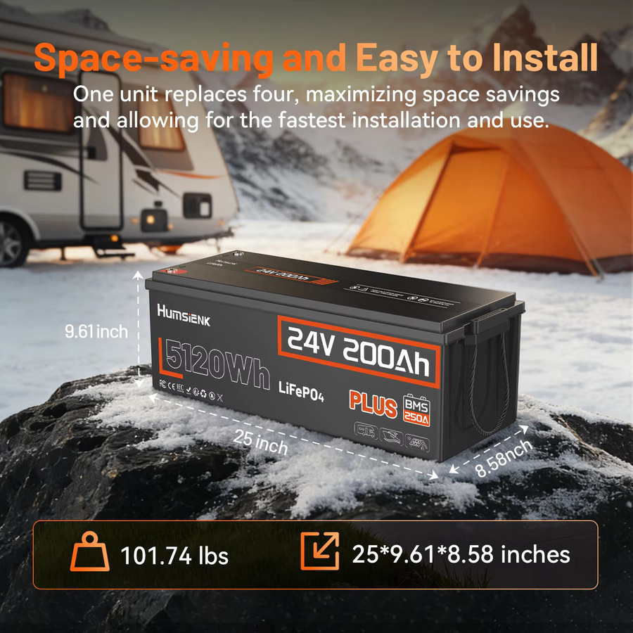 Humsienk LiFePO4 Batterie 24V 200Ah mit 250A BMS-System, 5120Wh wiederaufladbare Lithium-Batterie mit Niedertemperaturschutz, Schwarz - Bild 2