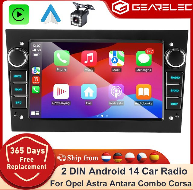 Gearelec Android 14 2-Din Autoradio mit CarPlay in Schwarz für Opel Astra H G J, Zafira B, Corsa C D, Antara, Vectra und Vivaro - Bild 1
