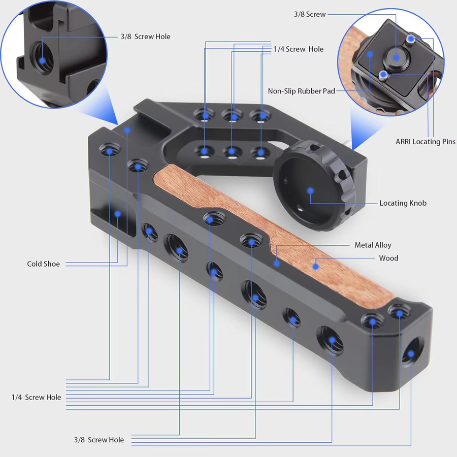 Probty Holzgriff für DSLR-Kamera in Braun mit 1/4" und 3/8" Gewindebohrungen und Positionierstiften für ARRI-Kamerakäfige - Bild 4
