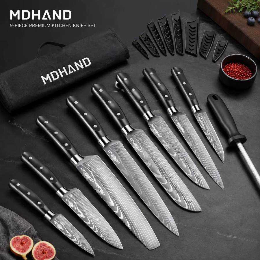 MDHAND 8-teiliges Japanisches Küchenmesser-Set mit ergonomischem ABS-Griff in Schwarz und Weiß inklusive Tragbarer Nylon-Aufbewahrungstasche - Bild 2