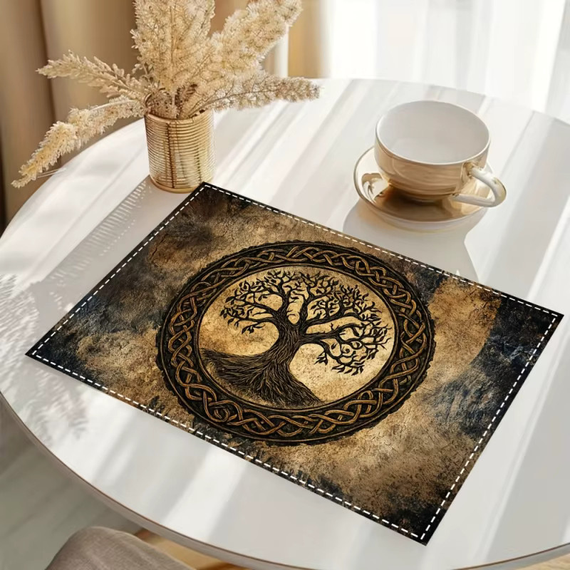 VIKAMA Tischsets 4er-Set mit Lebensbaum-Motiv in Braun, rechteckige und rutschfeste Tischsets aus Kunstleder, waschbar - Bild 6