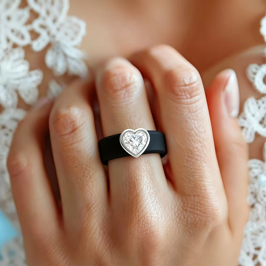 WZERO Ring, 14K vergoldet, schwarzes Silikon, CZ, Herzform, Unisex - Bild 3