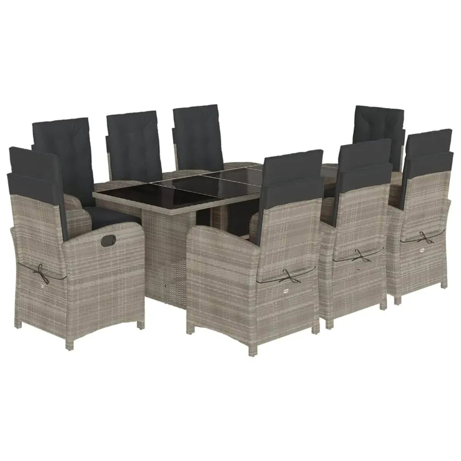 vidaXL 9-teilige Garten-Essgruppe aus Poly-Rattan in Hellgrau mit Kissen und Hartglas-Tischplatte - Bild 2