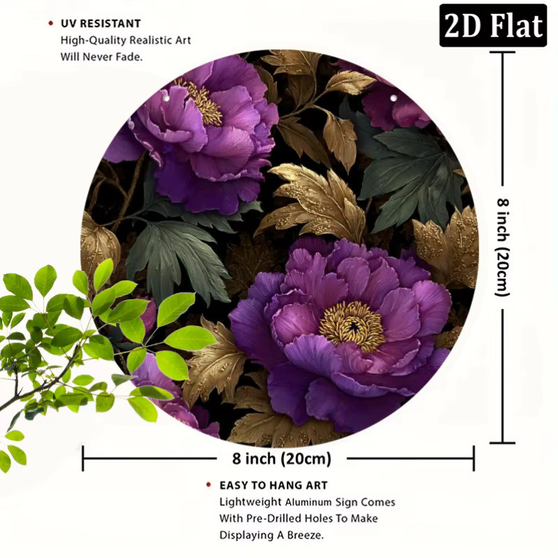 CIFBUY Runde Aluminium-Wanddekoration mit Pfingstrosen-Blumenmuster in Multicolour, Durchmesser: 20,32 cm - Bild 2