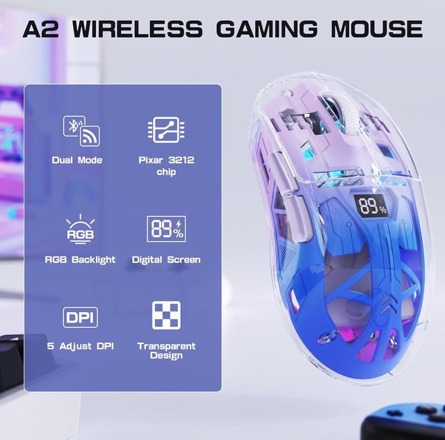 Attack Shark A2 Transparente Kabellose Gaming-Maus in Weiß mit Digitalem Bildschirm, Bluetooth 5.0 und 2,4 GHz, RGB, PixArt 3212 Sensor und 5 einstellbaren DPI für PC - Bild 1
