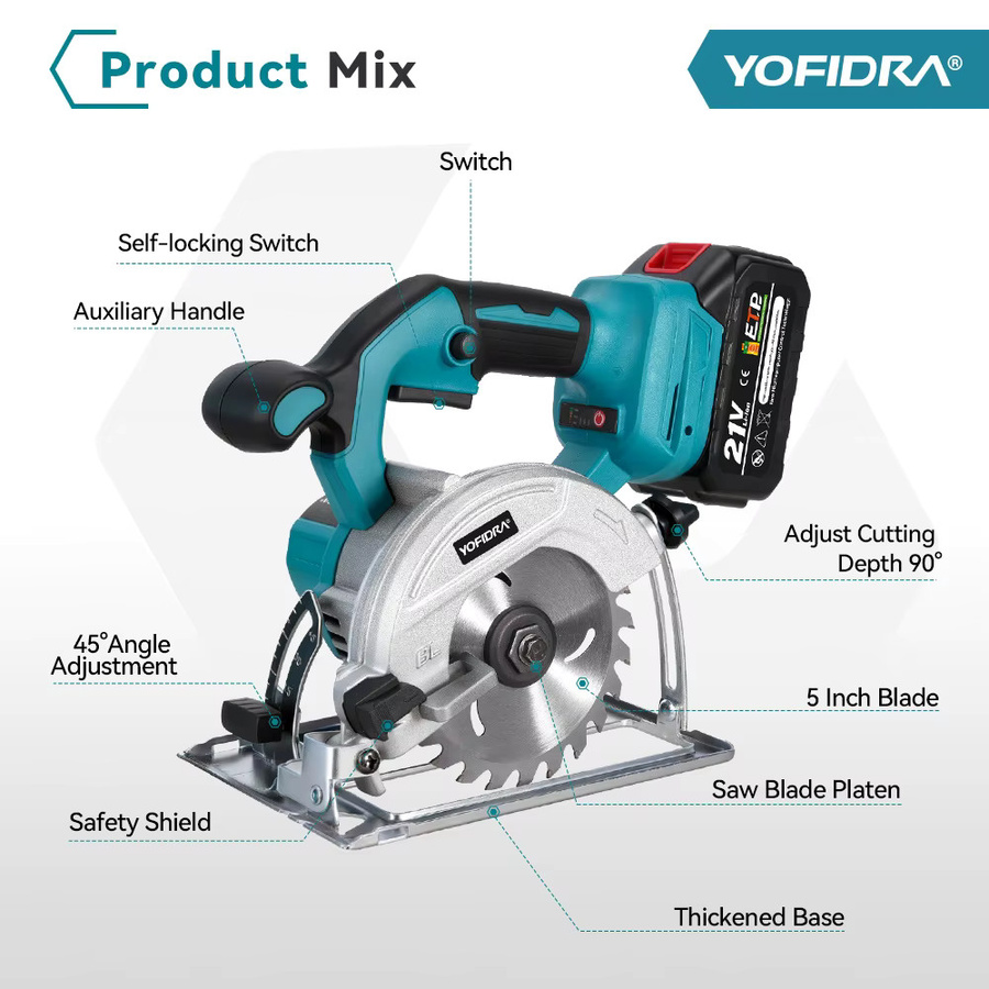 Yofidra Bürstenlose Elektrische Kreissäge 125 mm für Holzbearbeitung, kompatibel mit Makita 18 V Akku - Bild 6
