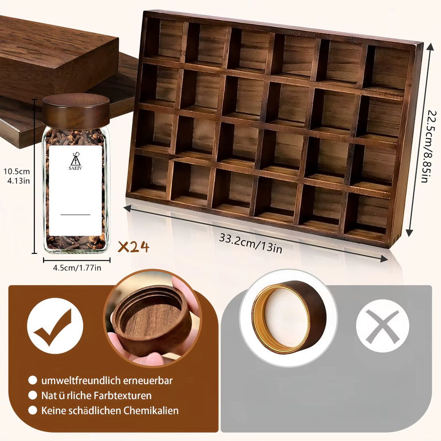 Saeiv Gewürzregal aus Akazienholz mit 12 Gewürzdosen aus Glas und Etiketten, Farbe: Braun, Volumen pro Dose: 120 ml - Bild 3