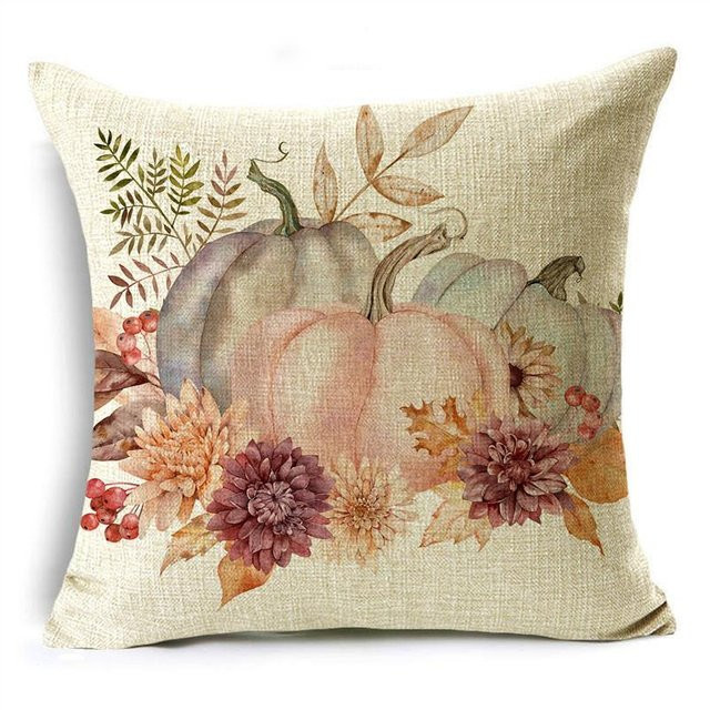 Yiran Furniture Kissenbezug mit Herbst-Motiv, Rosa Kürbisblume und Fahrrad, Baumwoll-Leinen-Mix, Farbe: Rosa/Beige, B/T: 40 x 40 cm - Bild 1