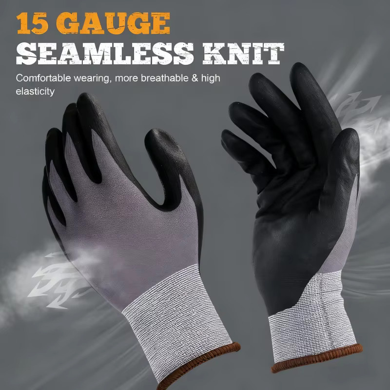 YUMARCH Sicherheits-Arbeitshandschuhe aus Nylon mit Nitril-Beschichtung in Grau, 6er-Pack - Bild 3