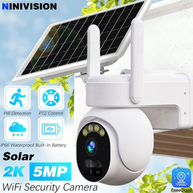 EseeCloud 5MP WIFI PTZ Outdoor Solar Überwachungskamera mit PIR-Erkennung und eingebauter Batterie in Weiß - Bild 1