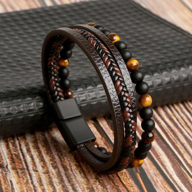 Rui Di Lederarmband, Perle, Tigerauge, Messing, Schwarz, Herren, 21cm - Bild 1