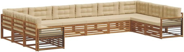 vidaXL Sofagarnitur aus Massivholz Akazie in Natur und Beige, 10-teiliges Set mit Sitzkissen und Rückenkissen im modernen Latten-Design - Bild 1