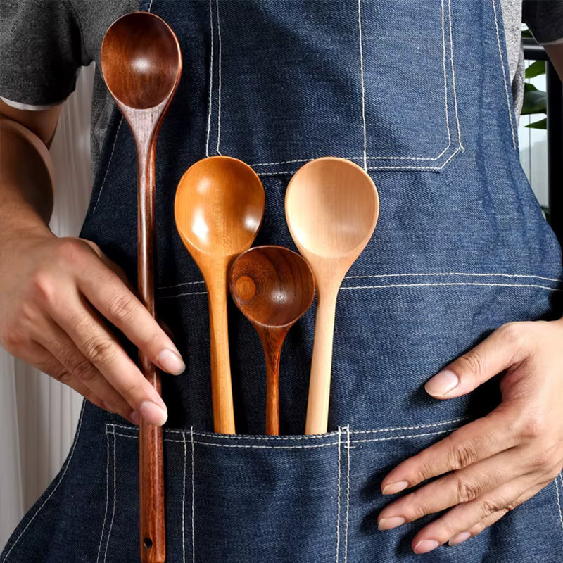 Langer Kochlöffel aus Holz in Braun für Kaffee, Tee und Suppe, rund mit 33 cm Länge - Bild 3