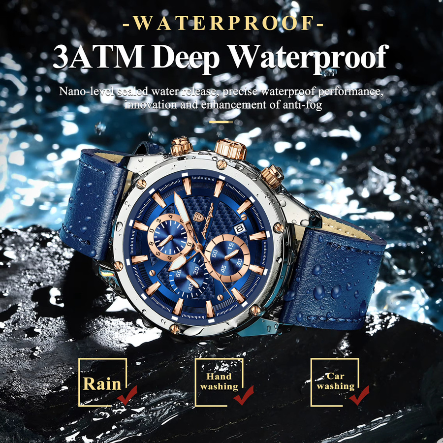 POEDAGAR Chronograph Armbanduhr, Quarz, Leder, Blau, Herren - Bild 3