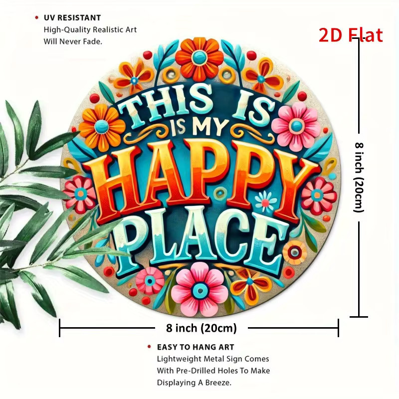 Rundes Metall-Wandkunstschild Potdemiel This Is My Happy Place mit floralem Design und Typografie in Multicolour, Durchmesser: 20 cm - Bild 2