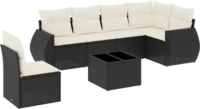 vidaXL 7-teilige Garten-Sofagarnitur in L-Form aus Poly-Rattan mit Kissen in Schwarz und Cremeweiß - Bild 1