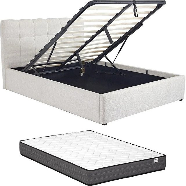 Vente-unique Bett Maziri mit Bettkasten in Weiß, gepolstert mit Bouclé-Stoff, B/T/H: 140 x 190 cm - Bild 1
