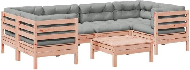 vidaXL 7-teilige Garten-Sofagarnitur aus Massivholz Douglasie in L-Form mit Kissen und Ottoman, Farben: Braun und Grau - Bild 1