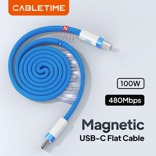 CABLETIME USB-C-Flachkabel Magnetisch, Typ-C auf Typ-C, 100 W, 480 Mbit/s, Blau - Bild 1