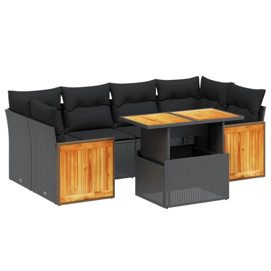 vidaXL 7-teilige Garten-Sofagarnitur in U-Form aus schwarzem Poly-Rattan mit Kissen und pulverbeschichtetem Stahlrahmen - Bild 2