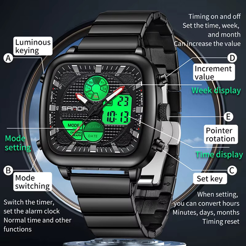 SANDA Armbanduhr Herren, Quarz, Edelstahl, Schwarz, Analog-Digital - Bild 2