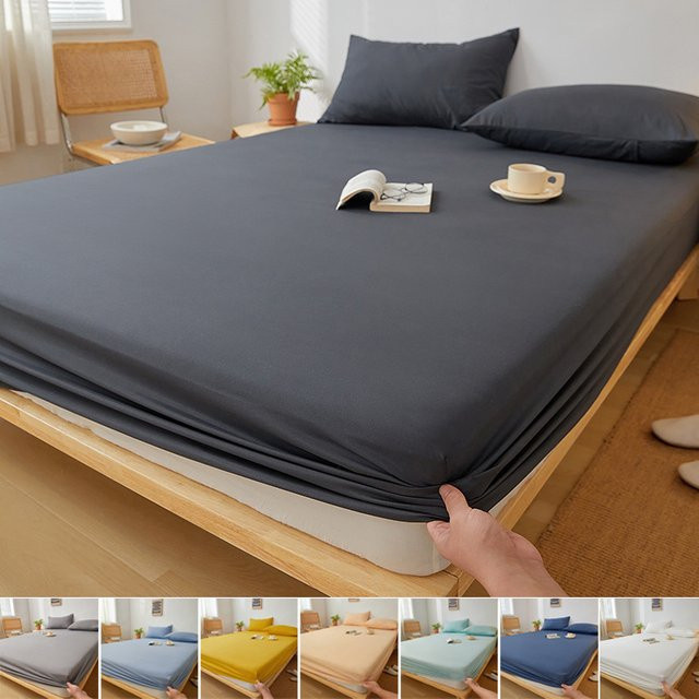 Dreamreal Spannbettlaken aus Baumwolle in Blau oder Grau, einfarbig und rutschfest für Doppelbetten und King-Size-Betten - Bild 1