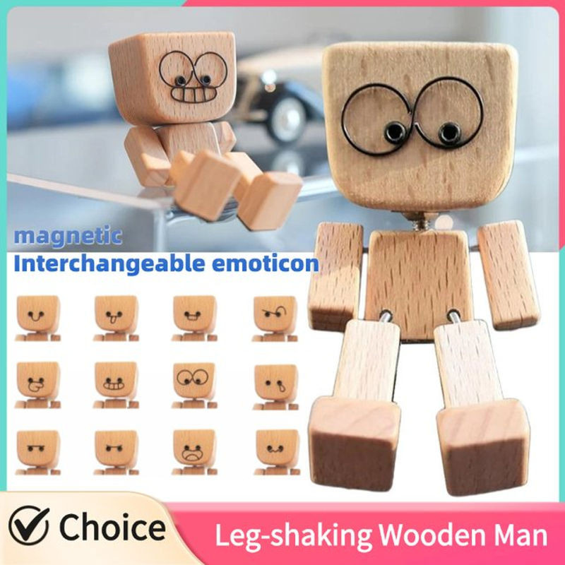 Lustige Holzfigur mit schwingenden Beinen für das Armaturenbrett, brauner hölzerner Mann mit austauschbaren magnetischen Emoticons als skandinavische Auto-Dekoration - Bild 1