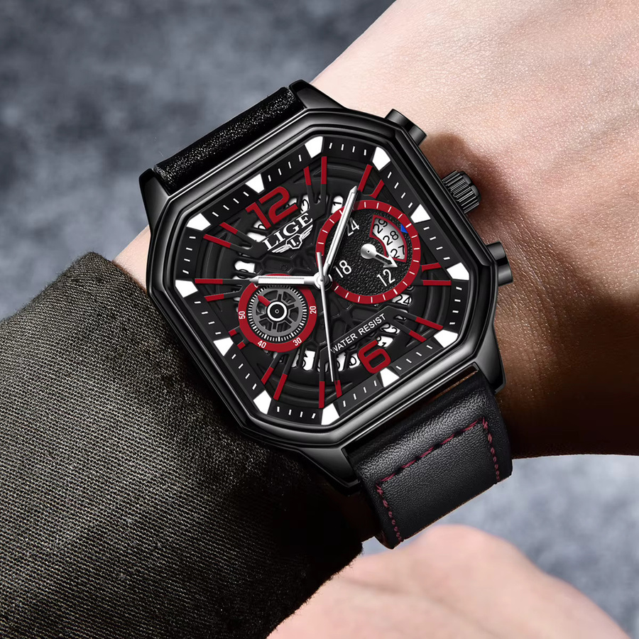 LIGE Chronograph Armbanduhr, Leder, Quarz, Eckig, Blau, Herren - Bild 2