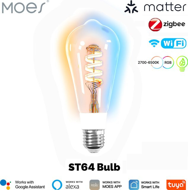 MOES Tuya Smart LED-Glühbirne Vintage Edison Filament, WiFi/Zigbee/Matter, RGB Multicolour, Dimmbar, Transparent, Kompatibel mit Alexa und Google Home - Bild 1