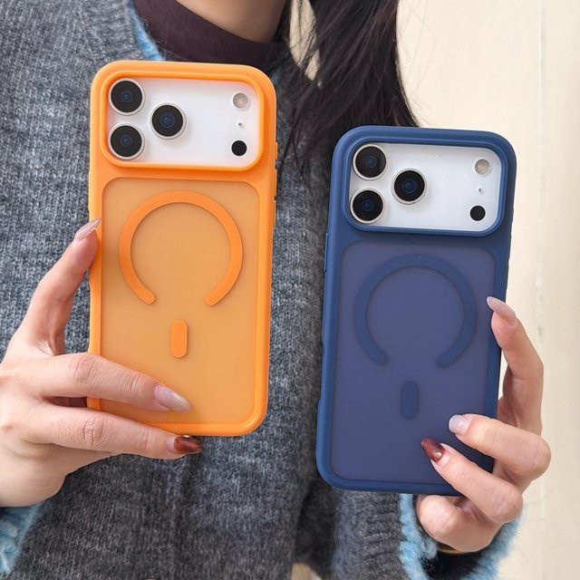 Matte stoßfeste MagSafe Handyhülle von NYFundas für iPhone 17 Pro Max, Air, 16 Plus, 15, 14, 13, 12 in Blau und Orange - Bild 1