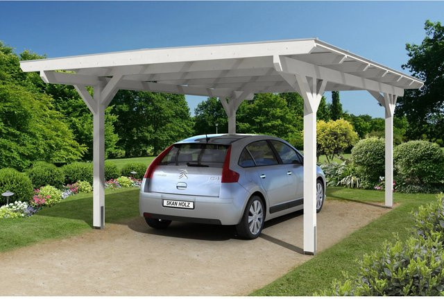 Skan Holz Carport Odenwald aus Fichte Leimholz in Weiß mit flacher Dachform und Doppelstegplatten B: 428 cm, H: 238 cm - Bild 1