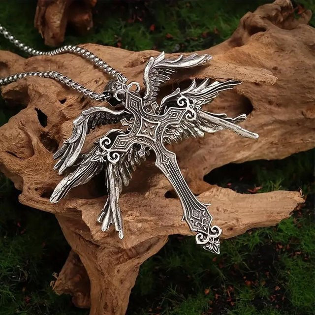 Rui Di Halskette mit Engelsflügel-Kreuz-Anhänger, Zinklegierung, Silber, Unisex - Bild 1