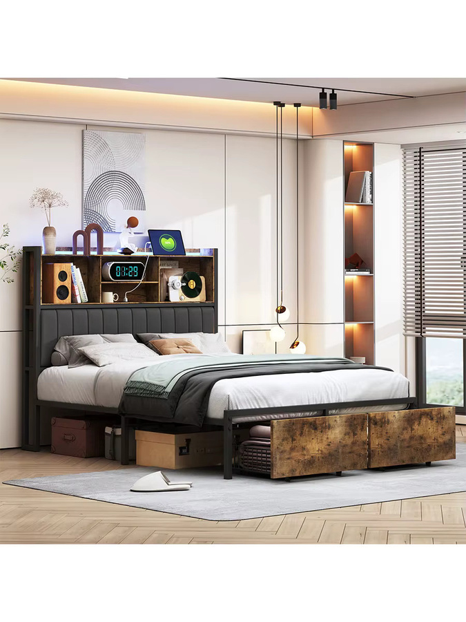 Superaly Gepolstertes Doppelbett mit LED-Beleuchtung, USB-Ladefunktion und Schubladen, B/T: 140 x 200 cm, PU-Leder - Bild 7