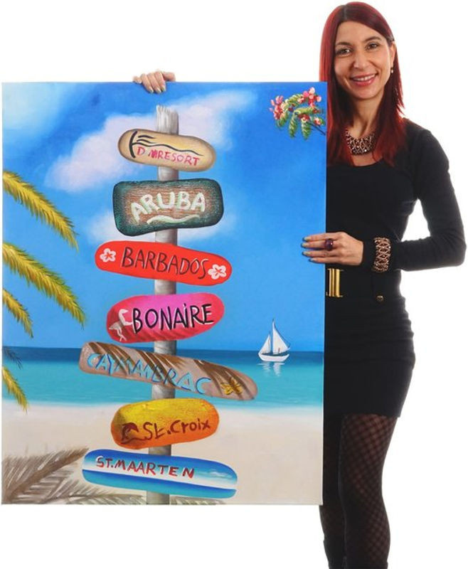 Handgemaltes Ölgemälde Wandbild Straßenschild in Querformat, mehrfarbig, B/H: 100 x 75 cm - Bild 1