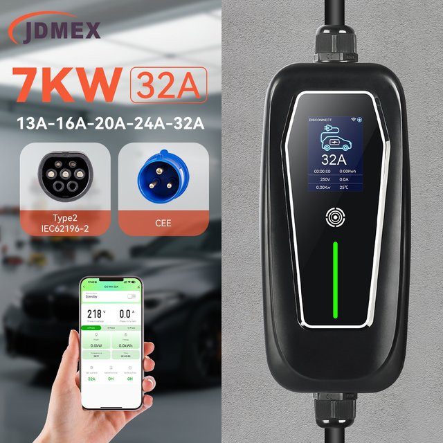 JDMEX Tragbares Typ2 EV-Ladegerät 7KW 32A 1-Phasen EVSE-Ladestation für Elektroautos mit APP-Steuerung in Schwarz - Bild 1