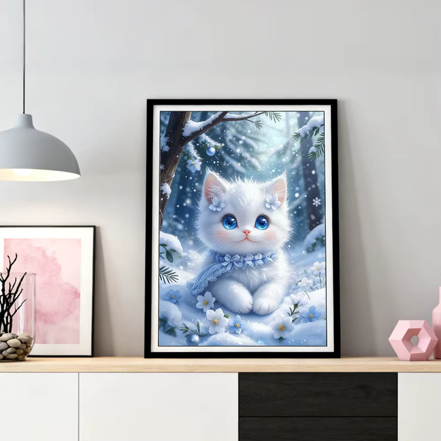 HUACAN Diamantmalerei DIY 5D Mosaik-Set mit Katzen-Motiv in Winter-Optik, Rund, Mehrfarbig, B: 30,0 cm, H: 20,0 cm - Bild 2