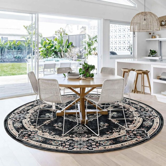 VIKAMA Bohemian Runder Bodenmatten Teppich in Schwarz, Schmutzabweisend und Langlebig für Wohnzimmer und Esszimmer - Bild 1