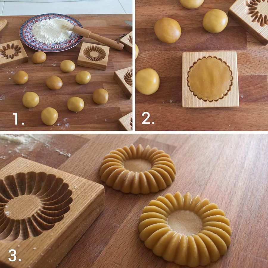 Cippes 3D-Ausstecherformen aus Holz in Braun, runde gravierte Keksformen für Lebkuchen und Fondant - Bild 2