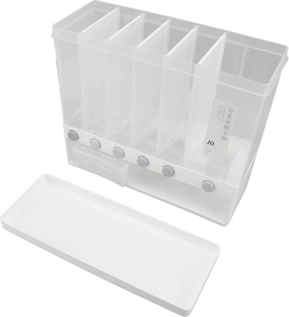 Aimo Reisspender Wandmontiert mit 6 Fächern, 10L Getreidespender und luftdichtem Aufbewahrungsbehälter für Trockenfutter, Weiß/Transparent - Bild 1